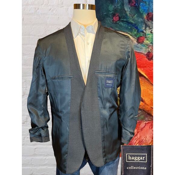 Vtg Haggar Collection 42R Blue Black Check Plaid Tweed Blazer Sport Coat Jacket - Picture 6 of 16